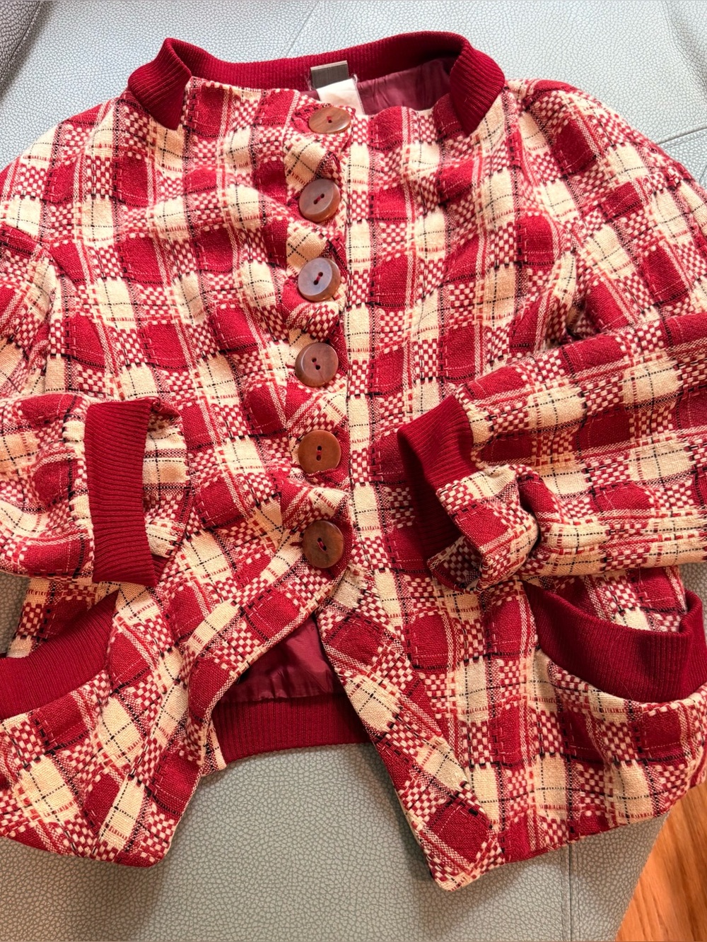 Lilith Paris Red Cream Plaid Textured Jacket Size S